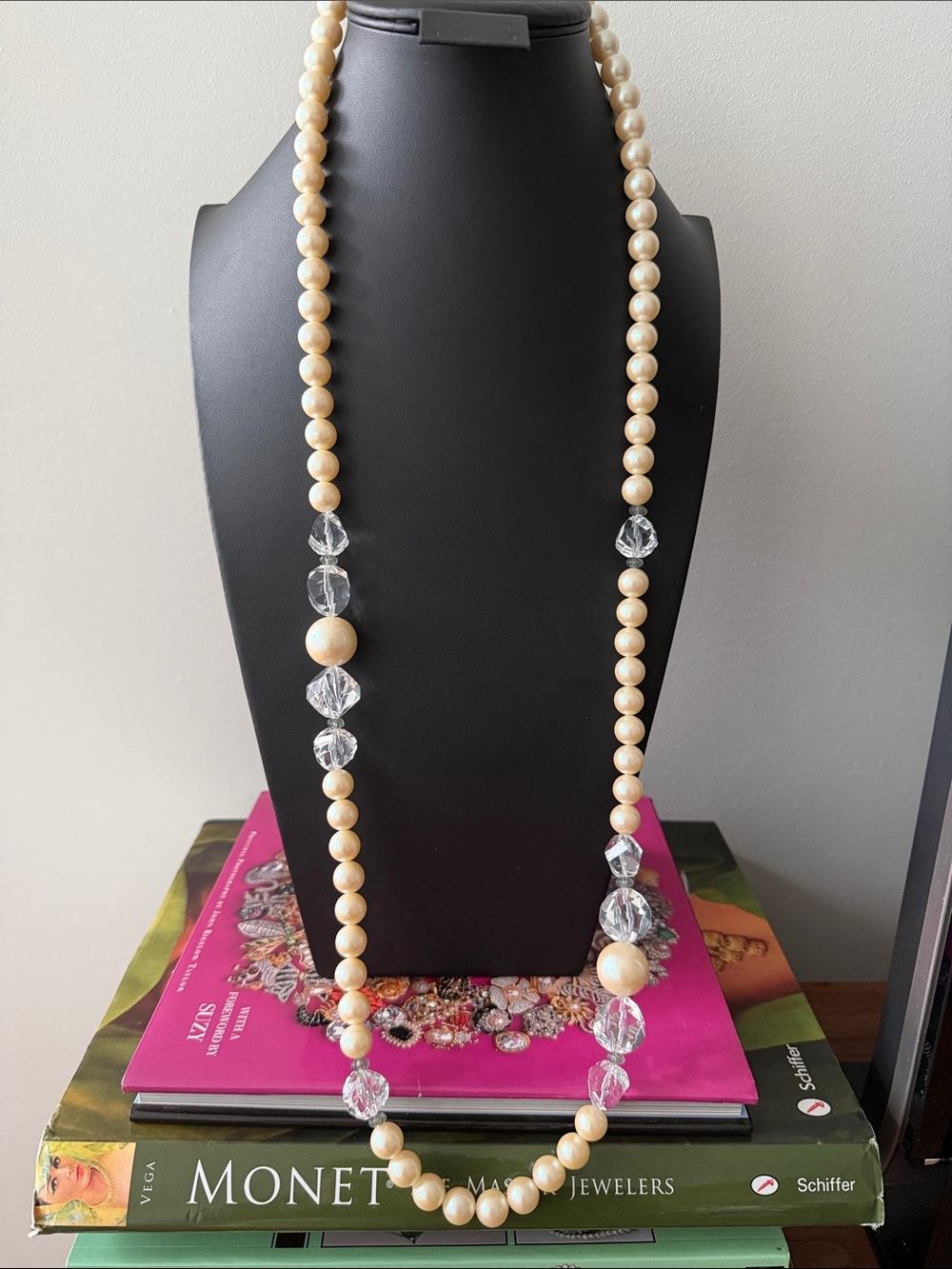 Monet Vintage Signed Faux Pearl & Faceted  Crystal 36” Long Necklace. Circa 60’s